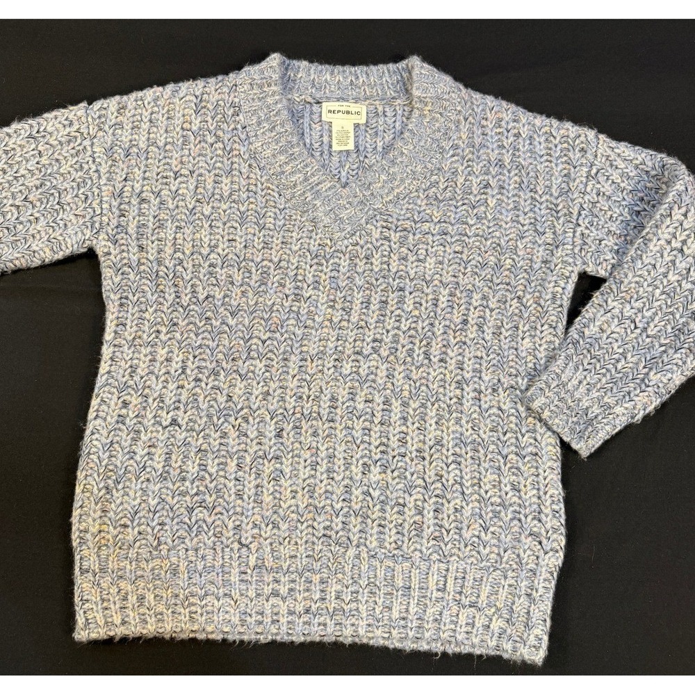 For The Republic Blue Marl Chunky Knit V-Neck Sweater Womens Small Relaxed Fit